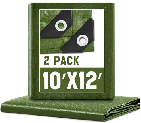 GliCraft 2 Pack 10 x 12 ft 5.5 Mil Large Tarps Heavy Duty Waterproof Tarp Multi Purpose Tent Cover for Home Boats Cars Camping Patio Furniture Roof Emergency Rain Protective Cover, Army Green