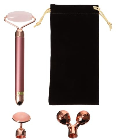 Beavorty Rouleau de Massage Facial Électrique en Pierre de Jade Naturelle et Quartz Rose Appareil Anti-Âge pour Visage Stimulation Circulation Sanguine Kit de Massage Visage en Rose