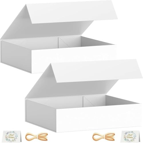 2 Pack Geschenkbox, 30x20x7,6 cm Geschenkboxen für Presents with Lids Magnetic Closure Rectangle Collapsible for Groomsman Proposal Box, Christmas, Halloween, Birthday Gift Packging (Weiß)