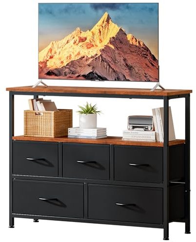 Wooruy TV-Schrank mit Aufbewahrung, TV Konsole mit 5 Stoffschubladen und Regalen, Medienkonsole für Wohnzimmer, Fernsehständer für Schlafzimmer (schwarz)