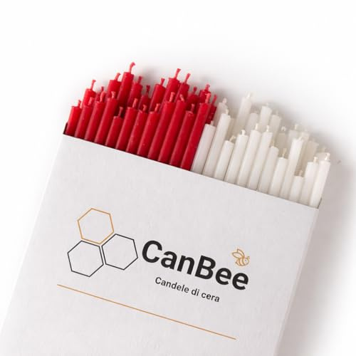 50 Candele Sottili Rosse e Bianche – Passione e Vitalità in Cera d’Api 100% Naturale 16cm x 5mm, 40 Minuti Senza Fumo e Gocciolamenti – Ideali per Rituali Energetici e Meditazione – CanBee