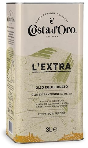 Costa d’Oro – L’Extra 3L. Olio Extravergine di oliva estratto a freddo. Sapore equilibrato, adatto a tutte le ricette e come condimento per insalate. Latta da 3 litri.