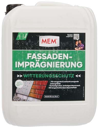 MEM Fassaden-Imprägnierung, Langanhaltender Abperleffekt, Auch für schlecht saugende Untergründe, Einfache Anwendung, Lösemittelfrei, 10 l, Milchig-weiß