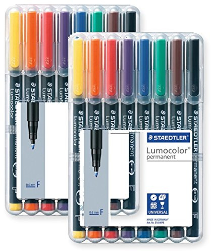 STAEDTLER 318 WP8 Lumocolor Universalstift F-Spitze, circa 0.6 mm, permanent, 8 Stück in aufstellbarer Box (8-fach sortiert | 2 Boxen, F-Spitze | permanent)