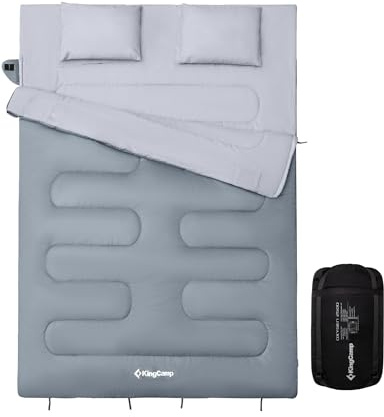 KingCamp Sacco a Pelo Matrimoniale 220x150cm -3℃-12℃ con 2 Cuscini Separabile in 2 Sacco a pelo 3 Stagioni Portatile Campeggio Leggero Comodo con Custodia