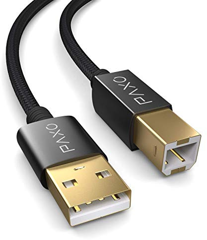 PAXO 2m Nylon USB Druckerkabel, Schwarz, A Stecker auf B, Ladekabel, Datenkabel, Goldstecker