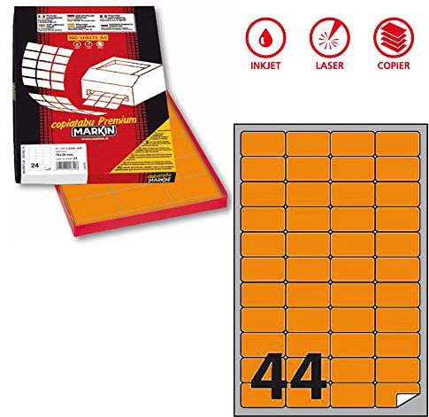 Etichetta adesiva A/406 arancio fluo 100fg A4 47,5x25,5mm (44et/fg) Markin