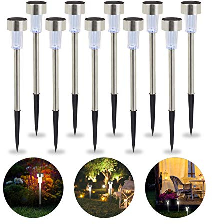 Relaxdays Solarleuchte im 10er Set, wasserdichte LED Solarlampen, für Garten & Terrasse, weißes Licht, Edelstahl, silber