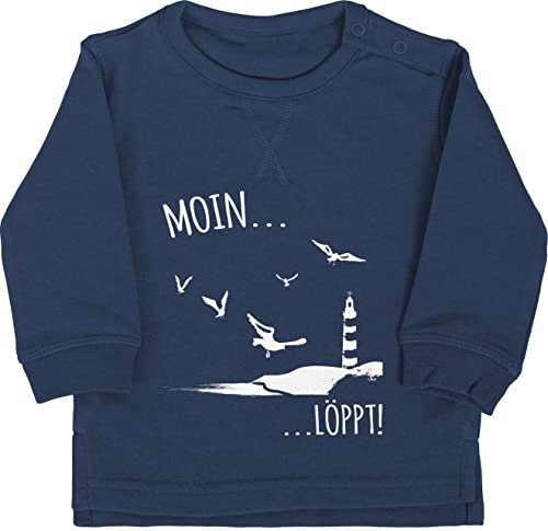Shirtracer Baby Pullover Jungen Mädchen - Sprüche - Moin löppt I Meerliebe I Maritim I Leuchtturm Motiv Meer - 6/12 Monate - Navy Blau - Spruch möwe Sweater spruche küste Pulli sprüchen moein bz31