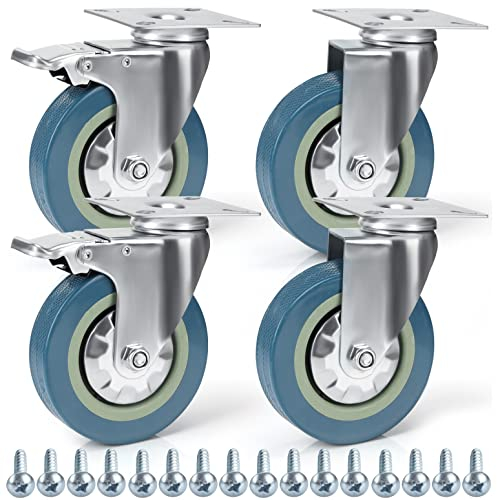 Kurtzy 4 Pack Heavy Duty Swivel Castor Wheels - 100mm Casters with Rubber Wheels, Screws, Locking Brakes and Metal Plates - Max Load 280kg / 617lbs - For Trolleys, Moving Furniture and Workbenches