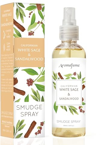 Vit salvia & sandelträ fläckspray av Aromafume | 100 ml | salvia spray för rengöring av negativ energi och skydd | giftfri | rumsspray för andlig rengöring, rökfri salvia