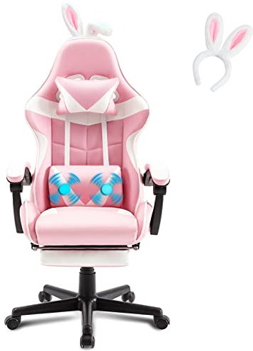 Soontrans Gaming Stuhl Massage, Sessel mit Fußstütze & Kopfstütze & -Lendenkissen & Haarreif, Gepolsterte Armlehnen, Ergonomisch für Gamer YouTube Livestreaming Xbox (Rosa)