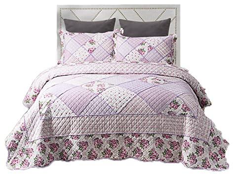 KISKIS Trapuntato Copriletto Floreale Patchwork Coperte 230X250 Cm, Leggero Microfibra Letto Matrimoniale Trapunta Insieme A 2 Federe, per Tutte Le Stagioni