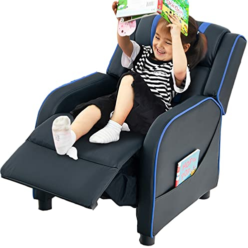 COSTWAY Kindersessel mit Liegefunktion, Kindersofa Kunstleder, Kindercouch 69x53x74cm, Babysessel für Mädchen und Jungen Kindermöbel Schaumstoff (Blau)