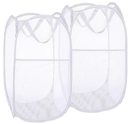 Buenod Pack of 2 Pop Up Laundry Hampers, Collapsible Mesh Laundry Baskets, Foldable Clothes Hampers for Bathroom, College Dorm, Travel (White)