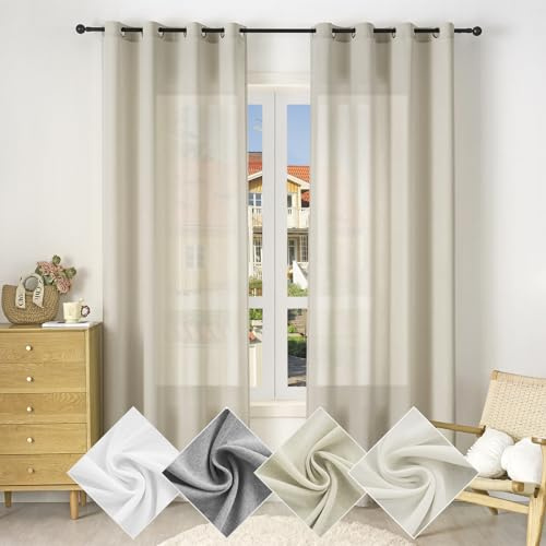 WOLTU Gardine mit Ösen, Vorhang für Wohnzimmer Schlafzimmer, Leinenoptik, Halbtransparent, modern, 135 x 175 cm, Sand