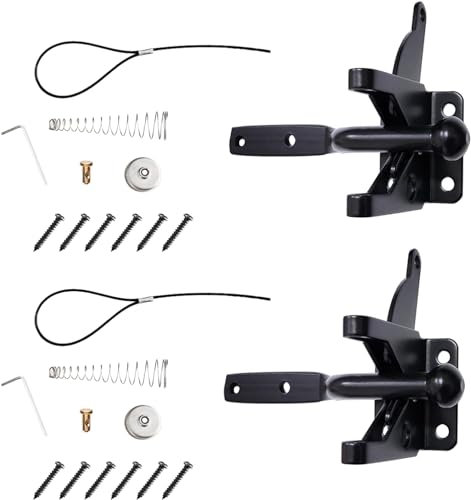 Pair of Black Self Locking Gate Latch Automatic Gravity Lever for Wood Fence Gate, Door Latches Steel (Spring Cable Pull)