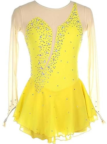 SHAIRMB Langarmshirt für Damen Eiskunstlaufkleid, Gymnastik-Jersey-Kleid, Ballett-Tutu Rock Tanzbekleidung, Tägliches Tragen Eiskunstlaufkleid, Wettkampf-Eislaufbekleidung,Gelb,M