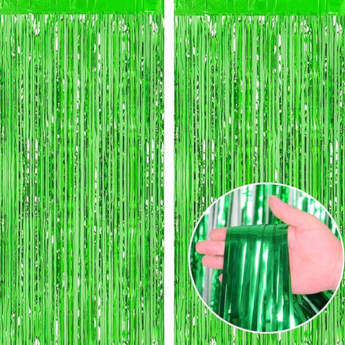 2pcs 3.2ft x 6.5ft Foil Fringe Curtain Door Curtains, Metallic Tinsel Curtains Streamers for Birthday Graduation Wedding Engagement Bridal Shower Bachelorette Holiday Party Decoration (Green)
