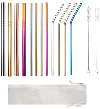 12pcs Paille Inox Reutilisable, Paille Metal (8 Droites + 4 Courbées), Avec Petite Pochette De Rangement Et 2 Petite Brosse, Couleur Paille Metal Pour Cocktails, Lait Glacé, Thé, Milkshakes