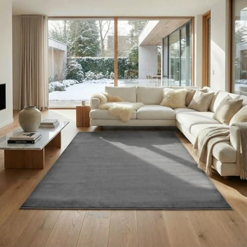 Jimri Flauschiger Teppich Läufer - Hochwertiger Kurzflor für Zuhause, Büro, Küche, Eingang, Flur, Wohnzimmer - Maschinenwaschbar - Rutschfester Teppich Waschbar - 160x220 cm - Anthrazit
