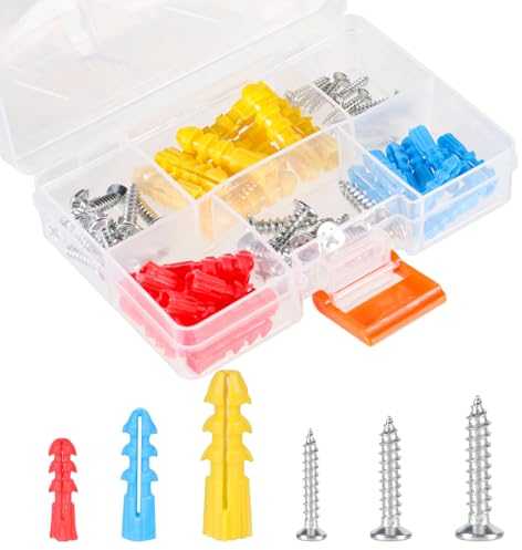 Arcjunys 60 STK Dübel Set mit Schrauben Dübel Set Screws and Wall Plugs Set Holzschrauben Spreizdübel Kit Universaldübel für Trockenbau Beton Ziegel Gipskarton Blau/Rot/Gelb