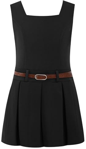 FEESHOW Mädchen Kleider Sommer Festlich Kinder Schulkleid Latzkleid Faltenrock Kurz Mit Taillengürtel Basic Solid Formell Partykleid Freizeitkleid Schwarz 146-152