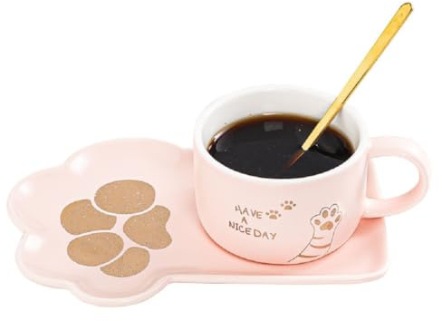 VollfitYYu Nielidche Katze Kaffeetasse mit Untertasse und Löffel Porzellan Esspressotasse Set Süß Katze Krallen Muster 200 ml Latte Cappuccino Tasse Geschenk für Katzenliebhaber (Rosa)
