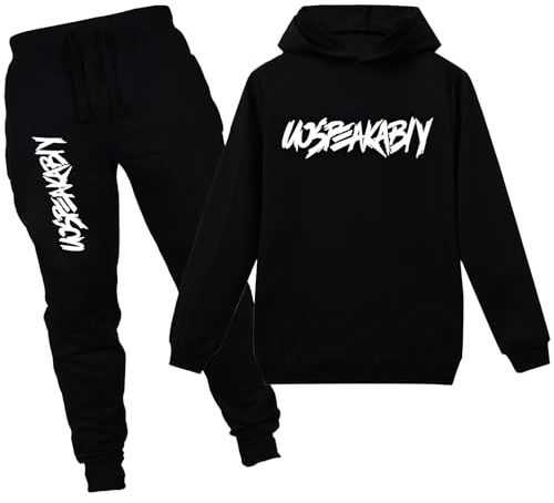 amropi Jungen Hoodie Trainingsanzug Sweatshirt Top und Jogging Hose Kleidungsset Schwarz, 9-10 Jahre