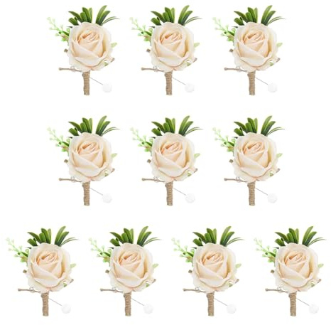 sourcing map 10PCS Men Boutonnieres Corsages, Champagne Color Rose Groomsmen Corsage Wristlet with Pins for Wedding Ceremony Anniversary, Dinner Party