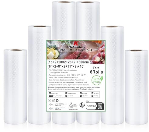 KitchenBoss Rotoli Sottovuoto per Alimenti：Sacchetti Sottovuoto per Alimenti 6 Rotoli, 15X2/20x2/28x2/300cm Buste Sottovuoto Alimenti, Sacchetti per Sottovuoto Alimenti Adattata Macchina Sottovuoto