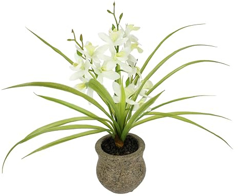 Kunstblume Schmetterling Orchidee mit Übertopf aus Keramik 39cm mit Blätter und Luftwurzeln Künstliche Blume Kunstorchidee Phalaenopsis Kunstpflanze Hochzeit Deko Seidenblume Real Touch Blüte, Weiß