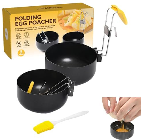 2pcs Stainless Steel Egg Poacher With Brush, Microwave and Pan Compatible, 2024 New Collapsible Hang Ear Boiler for Kitchen