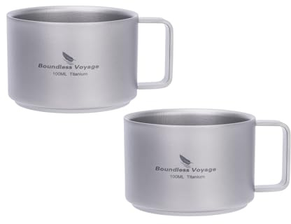 iBasingo 100ml Titan Espressobecher Camping Espressotasse 2 Pack Ti3085D | Ultraleicht Doppelwandige Becher Mini Kaffeebecher mit Griff, Klein Trinkbecher für Wandern Trekking Picknick
