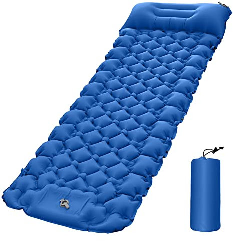 lyrlody Tapis de Camping Léger, Tapis de Camping en Plein Air, Matelas Pneumatique Portable avec Oreiller d'air, Coussin de Couchage Imperméable pour Activités de Plein Air (Blue)