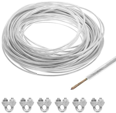 QUARKZMAN 30 Meter x 4mm Drahtseil Verzinkte 6 x M5 Drahtseilklemme, Klar | Stahlseil Spanndraht Ummantelt mit, Stahlkern Gardinenseil Wäscheleine Forstseil Kletterpflanzen Vorhang