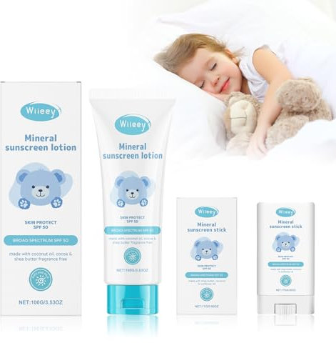 Crema Solare Minerale SPF 50 per Neonato Bambini + Crema Solare Stick 17g, Protezione Solare Minerale, Vegano, Senza Profumi, Naturale, per Viso e Corpo