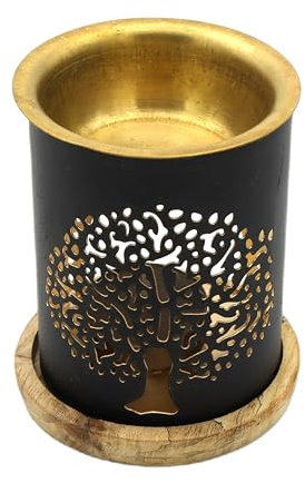 LivuX Aromafume 1169 - Lampada profumata in metallo con sottofondo in legno, 8 x 9 cm - Lampada profumata per oli essenziali e profumazione dell'ambiente