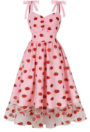 Vhersily Abito Da Donna Vintage Elegante Con Spalline Sottili, Fragola/Fiore/Ciliegia, In Rete, Estivo, Per Feste, Matrimoni, Vestiti Primaverile, Miniabito da Discoteca Da Cocktail, Abiti Principessa