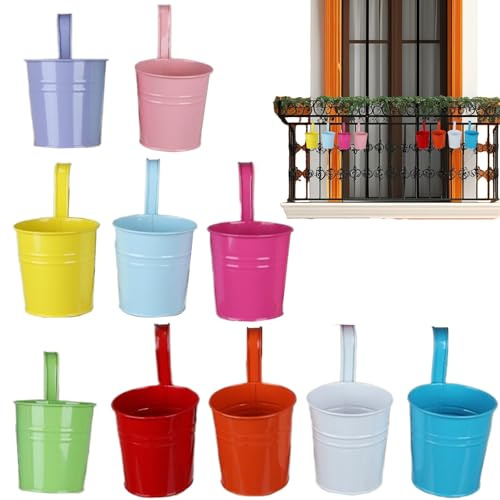 Generisch Balkon Geländer Blumenkasten | 10 Blumentöpfe | Metall Pflanzkübel Mit Haken Und Ablaufloch Für Balkon Terrasse Wand Garten