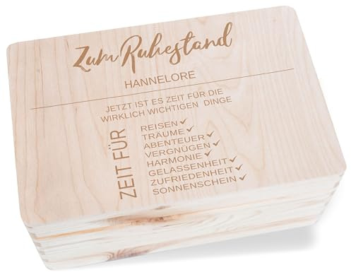 Holzkiste Erinnerungsbox - Rentnerin - Holzbox zum Ruhestand mit Name Geschenk Pension Geschenkverpackung Ruhestand Geschenk Frauen Geschenkideen Rente Geschenke I - 30x20x14 cm - Holz