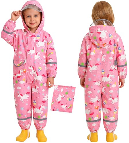 Baogaier Ragazze Impermeabile con Cappuccio Bambini Tuta da Pioggia Leggero Tutto in Uno Giacche Tutina Antipioggia Giacca Poncho Impermeabili Abbigliamento Bambina 3-5 Anni, Rosa Cavallo