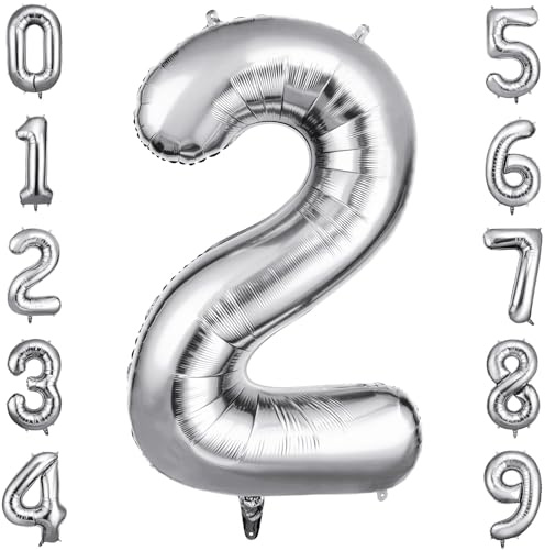 OFFCUP Geburtstag Zahlen Luftballon Silber, Geburtstagsdeko Ballons Zahl 2 | Riesige Folienballon in 40 Helium Ballons für Männer Frauen Geburtstagsparty Deko, Jubiläum 2 Jahre Deko