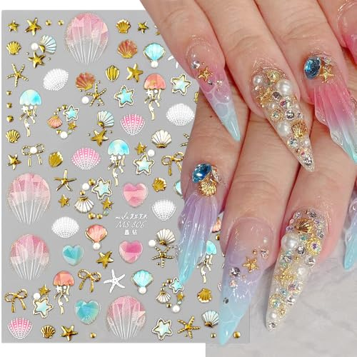 Glänzend Golden Qualle Seestern Muschel Meer Strand Nagelsticker Sommer Cute Schleife Stern Herz Perle Ozean Nagelaufkleber Fantastisch Conch Seashell Marine Nail Sticker Nageldesign Nagel Zubehör