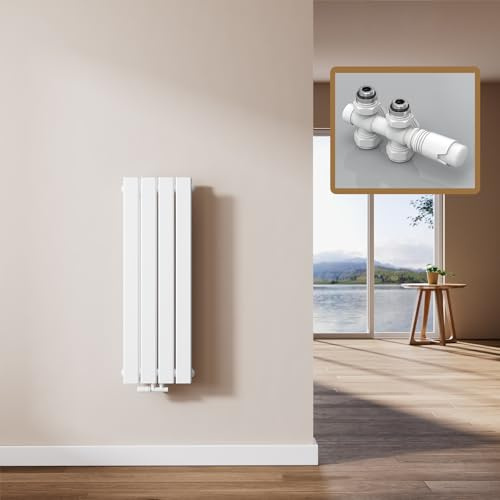 EMKE Radiateur Double Panneau, 90 x 30 cm, Blanc(y Compris vannes) | Radiateur Mural Plat en Acier,Raccord Central,446 W,Radiateur Design Vertical