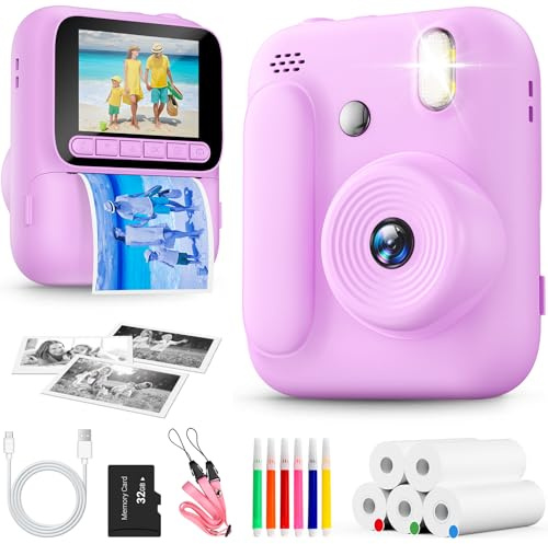 Sofortbildkamera für Kinder, 1080P Kinderkamera mit 5 Rollen Druckpapier, 32GB-Karte und Farbstiften, Tragbare Digitalkamera für Jungen und Mädchen, Geschenke für Kinder im Alter von 3–14 Jahren(Lila)
