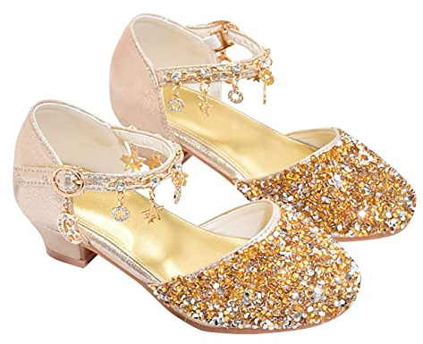 Chaussures de princesse pour filles avec petit talon, strass, arcs, petit talon, mariage pour bébés, enfants (Or, 35 Grands Enfants)