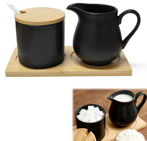 bechoanigel Set di latte e zucchero con coperchio e cucchiaio, bricco per latte in ceramica e zuccheriera con vassoio in legno, set per caffè, latte e latte lavabile in lavastoviglie (nero)