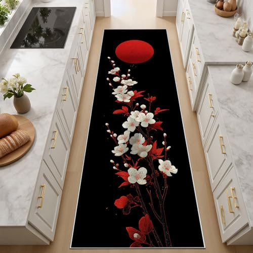 Japanische Kirschblüte, Sonnenuntergang Waschbarer Teppiche 60x210 cm Extra Dünn Bettvorleger Modern Wohnzimmer Schlafzimmer Teppich Rutschfest Weich Japanische Landschaft Flurläufer Teppichläufer