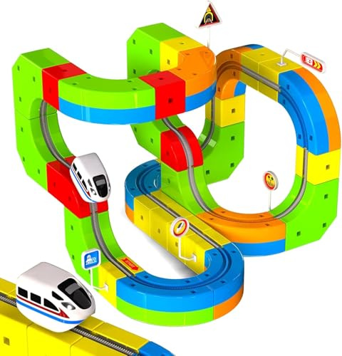 Magneverse Electric Train Set for Kids 3-10 Years Old, 69Pcs 3D Racing Track with Train, Traffic Signs & Bridge, STEM Building Kids Toys for Boys Girls, Creative Magnetic Fusion Toys Birthday Gift